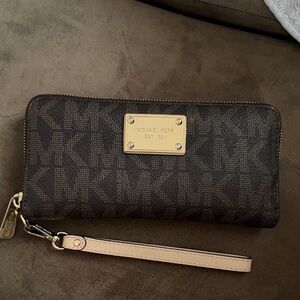 Michael Kors Dark Brown MK Monogram Zip Wristlet with Pale Strap
